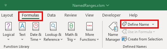 How to assign a name to a range in Microsoft Excel | Image 2 How to assign a name to a range in Microsoft Excel (formulas tab 02 formulas tab define name)