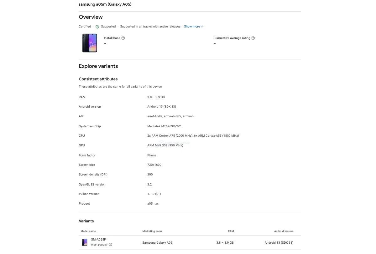Samsung Galaxy A05 listing in Google Play Console confirmed design and specs | Image 1 Samsung Galaxy A05 listing in Google Play Console confirmed design and specs (gsmarena 002 31)