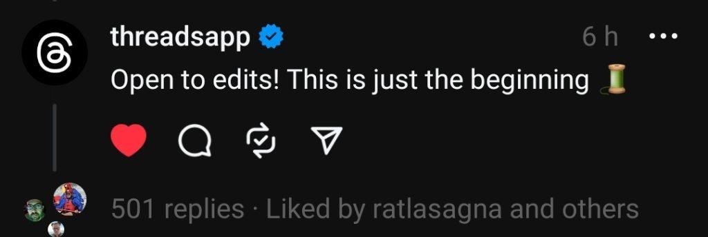 Threads now has an edit button, no subscription required | Image 1 Threads now has an edit button, no subscription required (screenshot 20230707 104957 threads 1024x344 1)