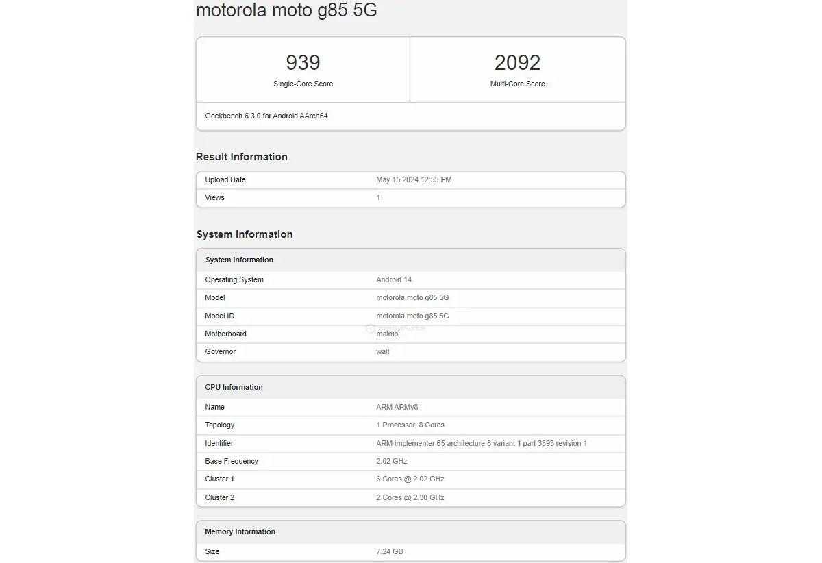 Moto G85 has passed Geekbench testing with Snapdragon 4 Gen 3 processor and 8GB of RAM | Image 1 Moto G85