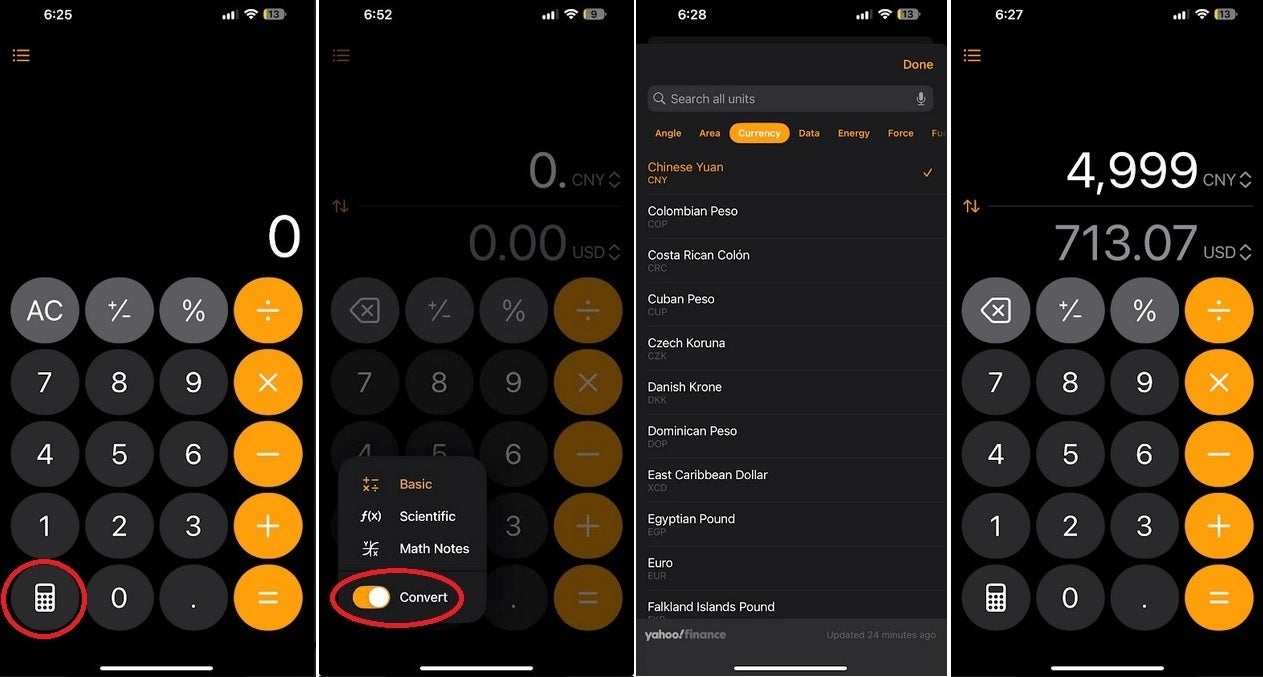 iOS 18: Hidden currency conversion calculator feature | Image 1 Using the hidden Convert feature in the iOS calculator, you can find out the value of CNY 4,999 in US dollars