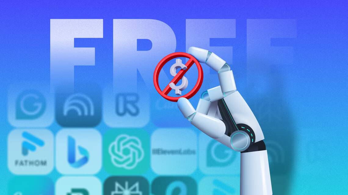 a robotic hand holding a crossed out dollar sign with various ai tool icons blurred in the background