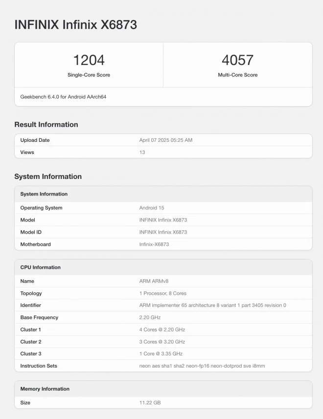 Infinix GT 30 Pro disappoints in performance tests on Geekbench | Image 3 Infinix GT 30 Pro disappoints in performance tests on Geekbench (infinix gt 30 pro geekbench listing)