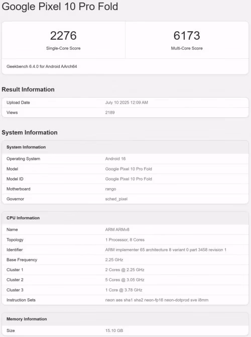 Google Pixel 10 Pro Fold will get a Tensor G5 chip and 16GB RAM 2 google pixel 10 pro fold geekbench