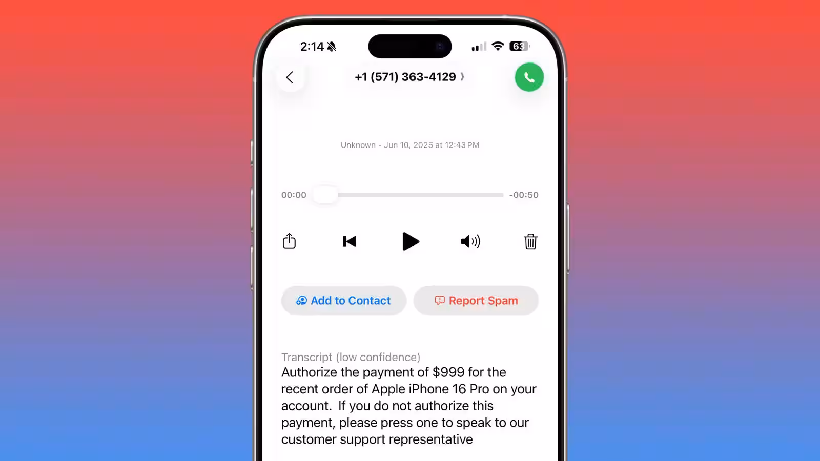 ios 26 voicemail report spam