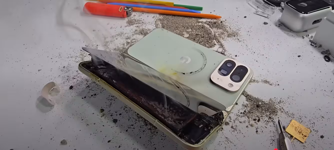 Google Pixel 10 Pro Fold smartphone caught fire during a bend test by JerryRigEverything Google Pixel 10 Pro Fold smartphone caught fire during a bend test by JerryRigEverything