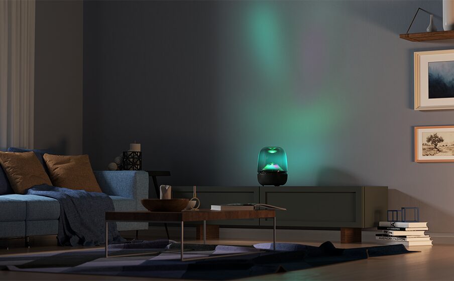 Harman Kardon unveiled the Aura Studio 5 transparent speaker with dynamic backlighting