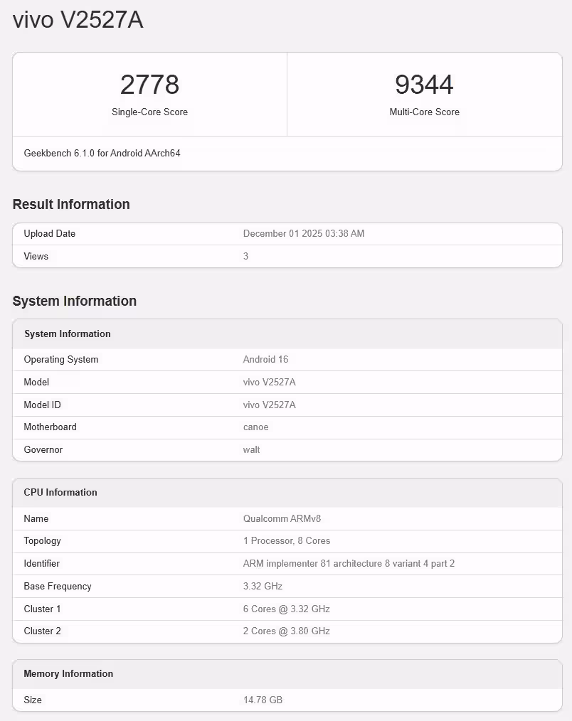 Vivo S50 Pro Mini appeared in the Geekbench database with Snapdragon 8 Gen 5 chipset and Adreno 829 4 graphics vivo s50 pro mini geekbench